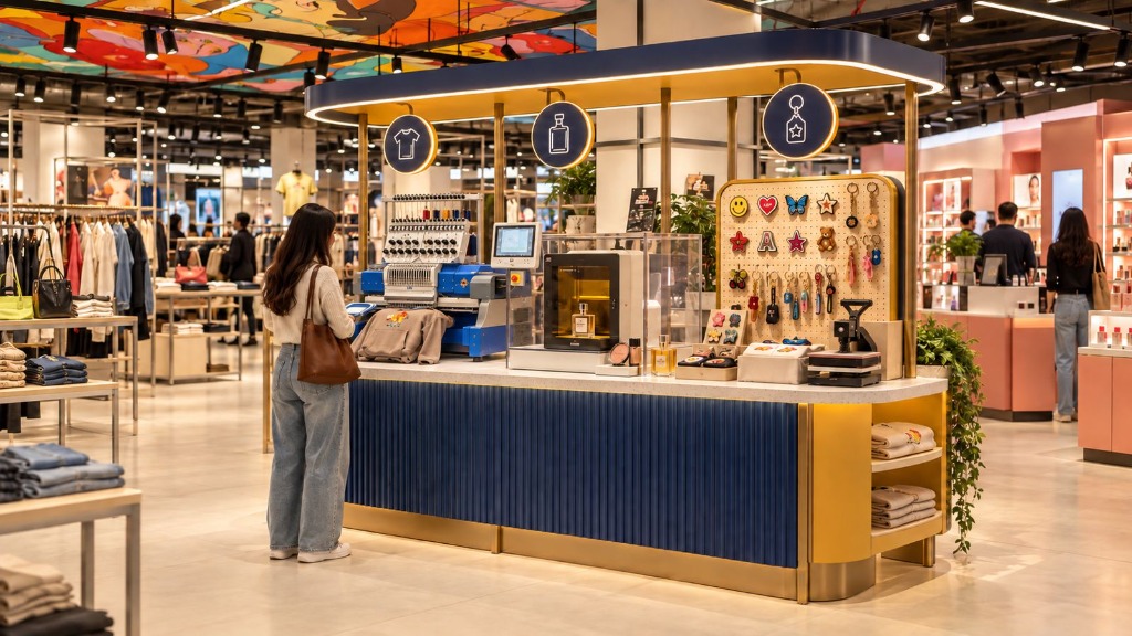 Custo Gusto live customisation counter with embroidery and customization machines